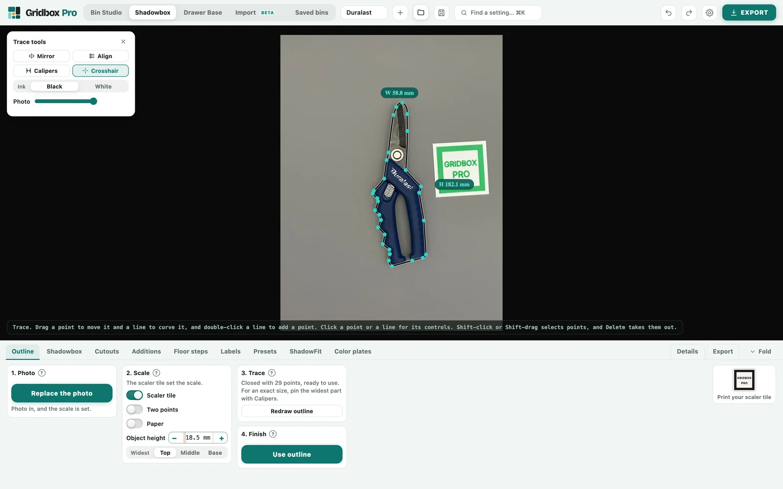 A Duralast snips project file just opened in Gridbox Pro: the photo, the traced outline with its measurements and the settings all came with it