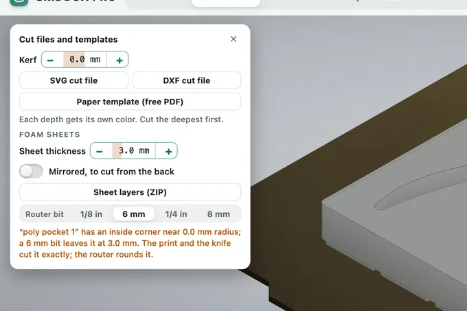 The Cut files and templates window: SVG and DXF cut files, a free paper template and foam sheet layers